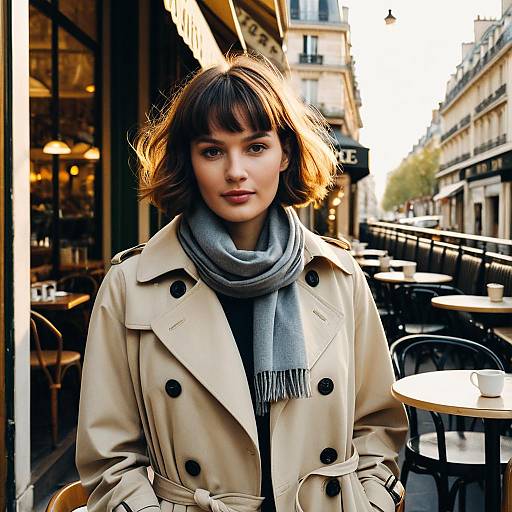 Stylish Woman in Beige Trench Coat Outside Parisian Café