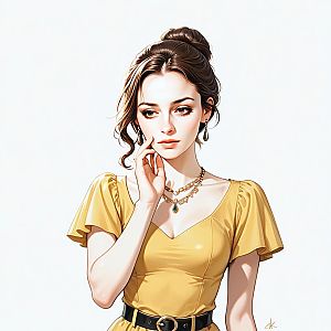 Thoughtful Young Woman in Mustard Dress