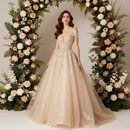 Elegant Woman in Beaded Off-Shoulder Ball Gown with Floral Arch
