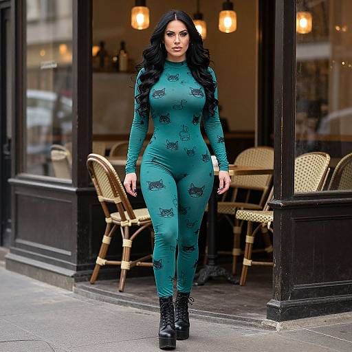 Woman Wearing Teal Cat-Print Jumpsuit with Black Platform Boots on City Street