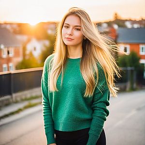 Young Woman in Green Sweater at Sunset