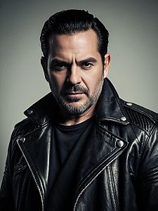 Photorealistic Dramatic Portrait of Man in Negan Costume Leather Jacket