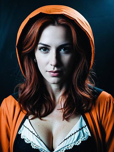 Photorealistic Woman in Julia Roberts Halloween Costume with Orange Hood