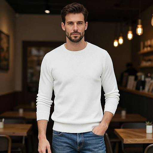 Confident Man in White Sweater and Jeans in Cozy Cafe