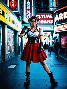 Woman in Aerith Cosplay Costume Posing Dynamically in Neon-Lit City Street