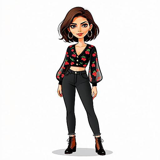 Contemporary Digital Illustration of Woman with Pretty Hair and Floral Blouse