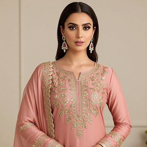 Elegant Pink Traditional Outfit with Gold Embroidery and Statement Earrings