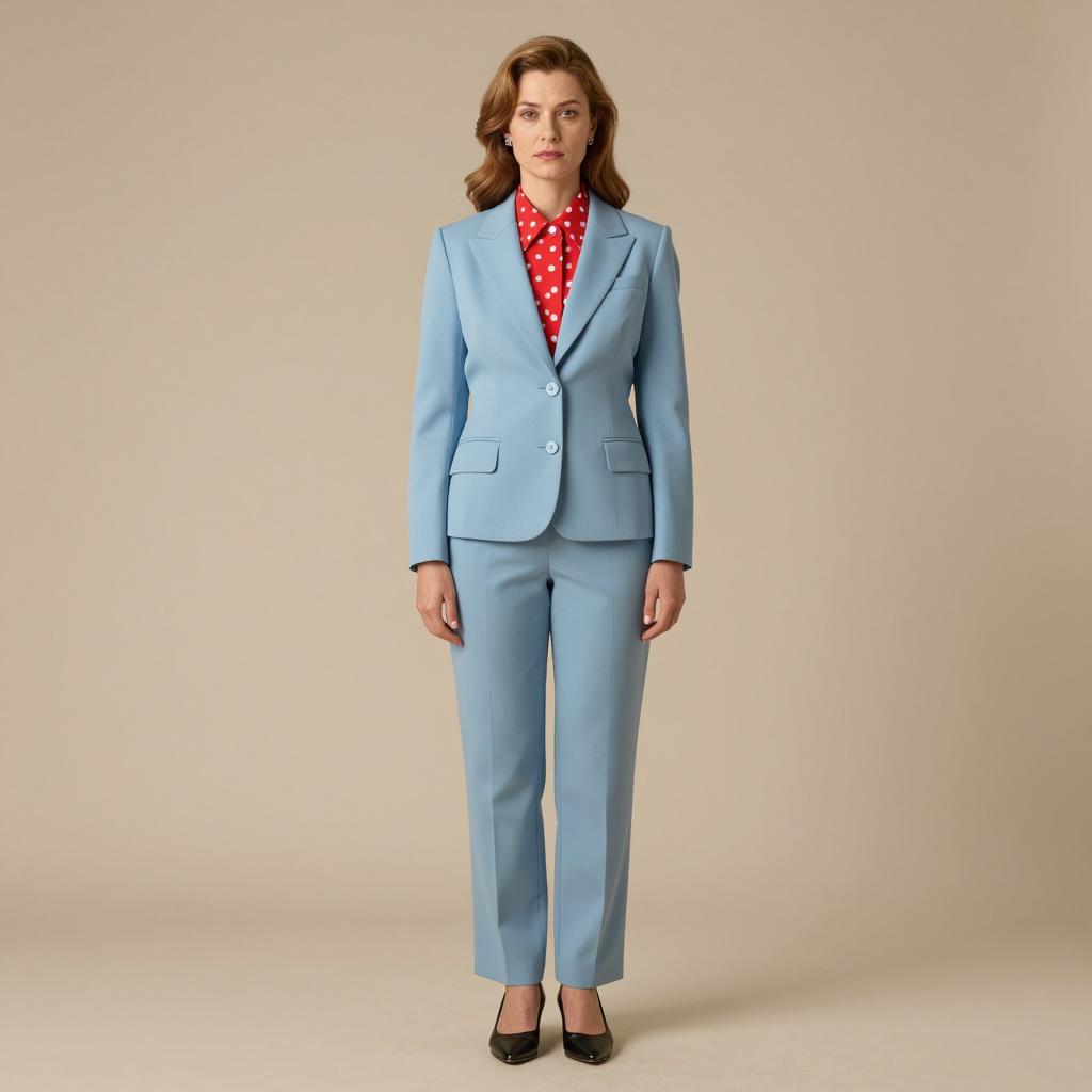 Professional Woman in Tailored Light Blue Suit with Red Polka Dot Blouse