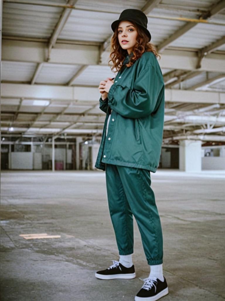 Stylish Woman in Oversized Green Jacket in Industrial Setting