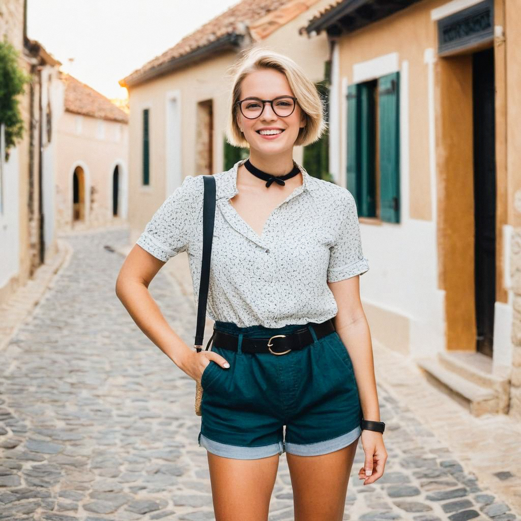 Confident woman in stylish outfit on cobblestone street