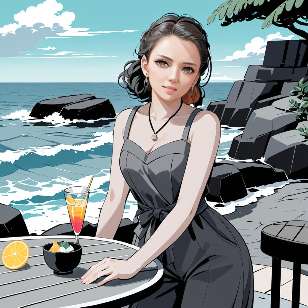 Anime Woman in Black Dress at Seaside Café