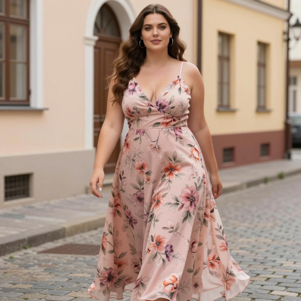 Woman in Floral Pink Dress Walking on Cobblestone Street