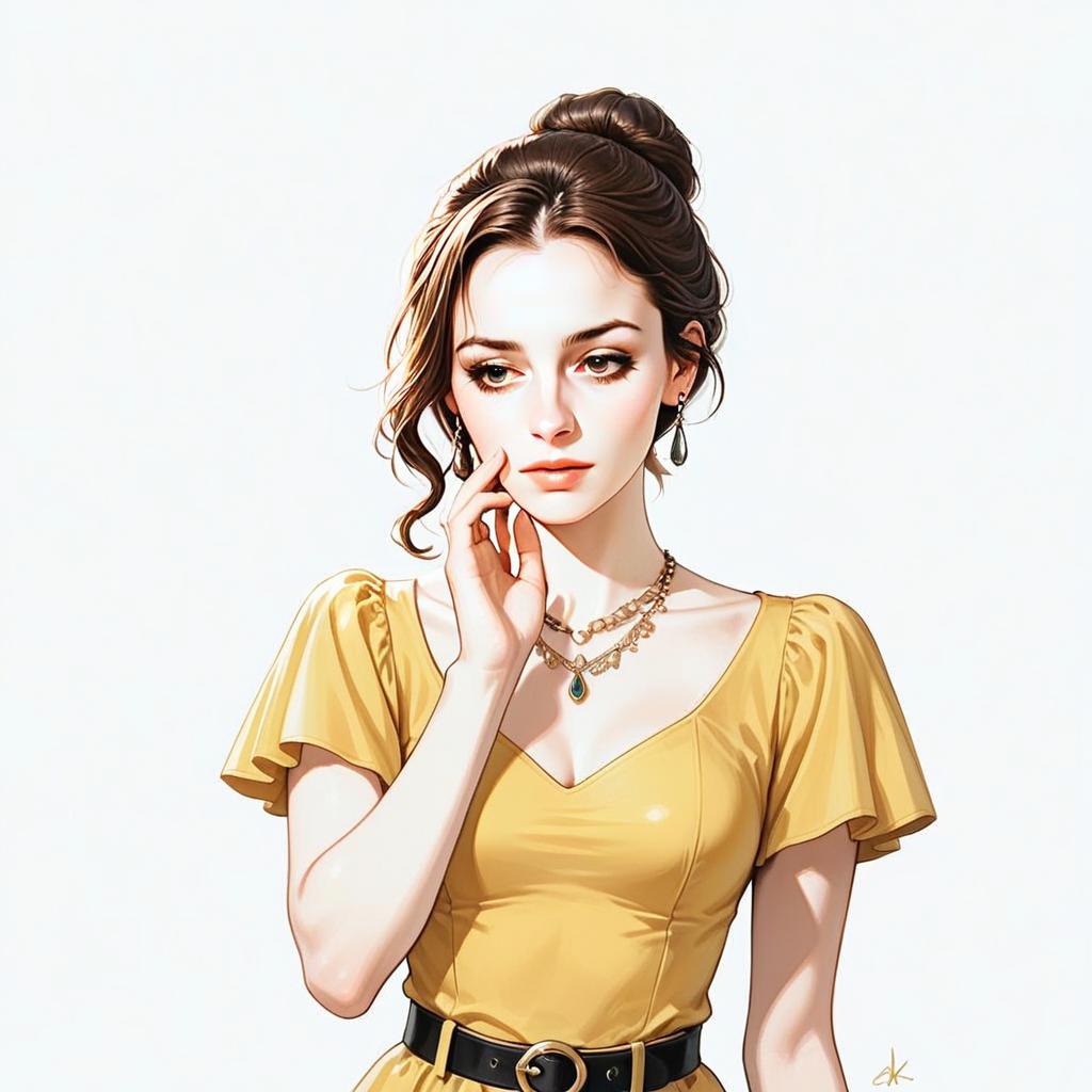 Thoughtful Young Woman in Mustard Dress