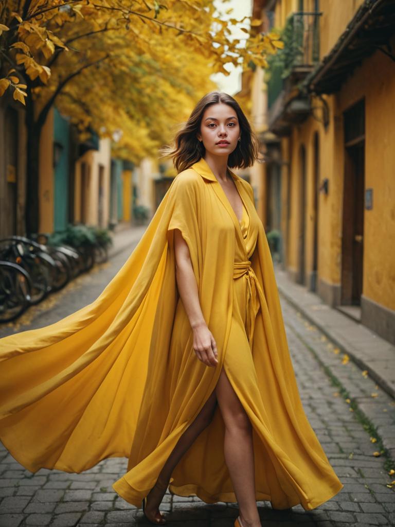 Elegant Woman in Yellow Cape on Autumn Street