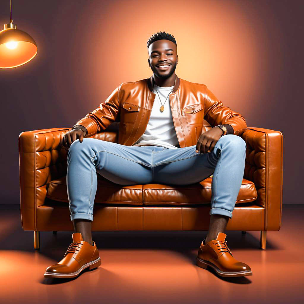 Confident man on stylish leather couch