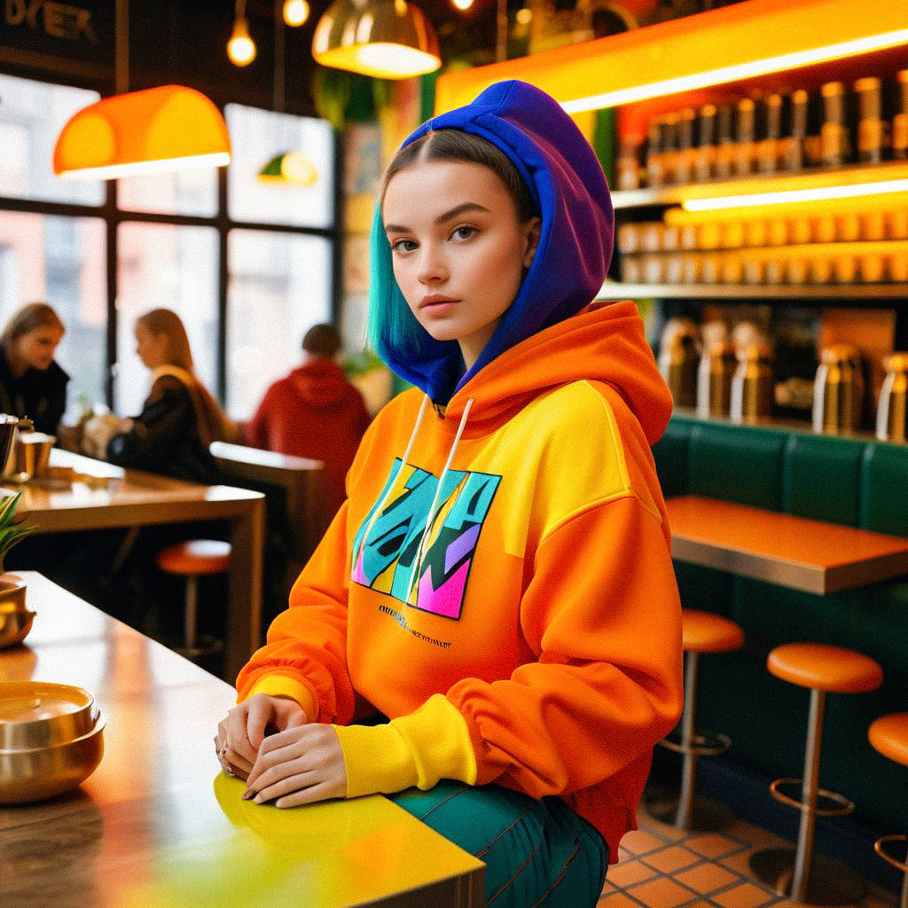 Young Woman in Colorful Hoodie at Café