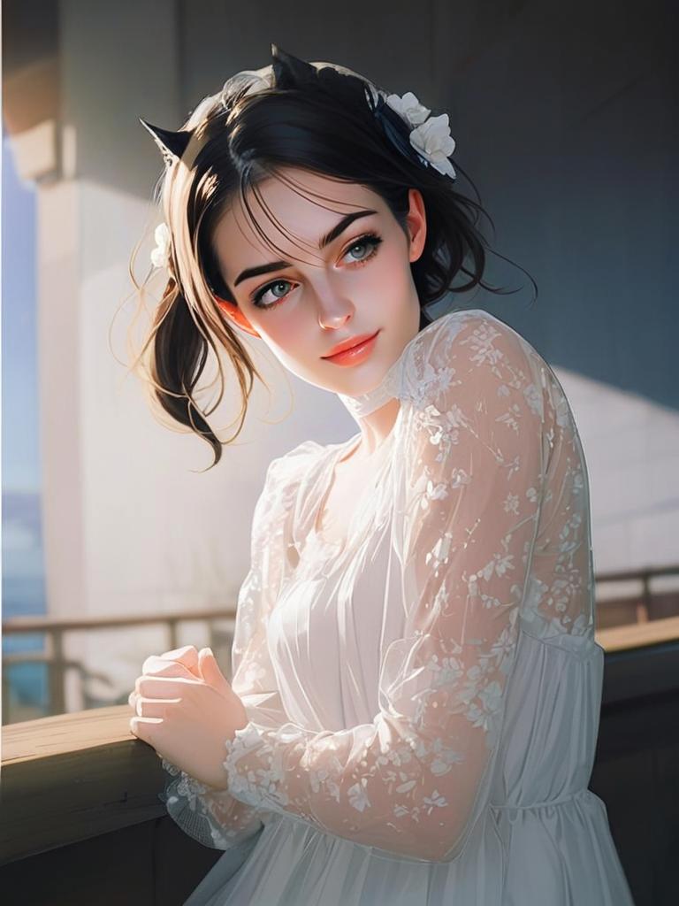 Ethereal Young Woman in White Lace Dress by Balcony