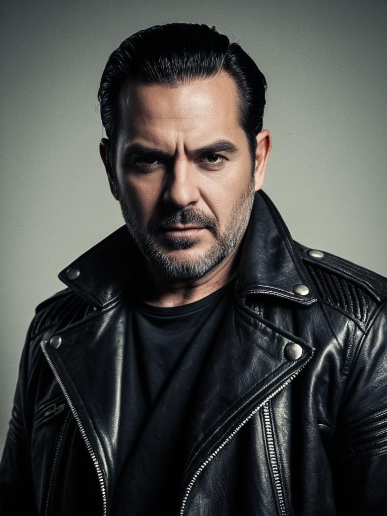 Photorealistic Dramatic Portrait of Man in Negan Costume Leather Jacket