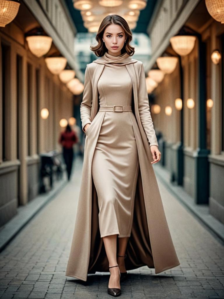 Sophisticated Woman in Beige Dress in Vintage Corridor