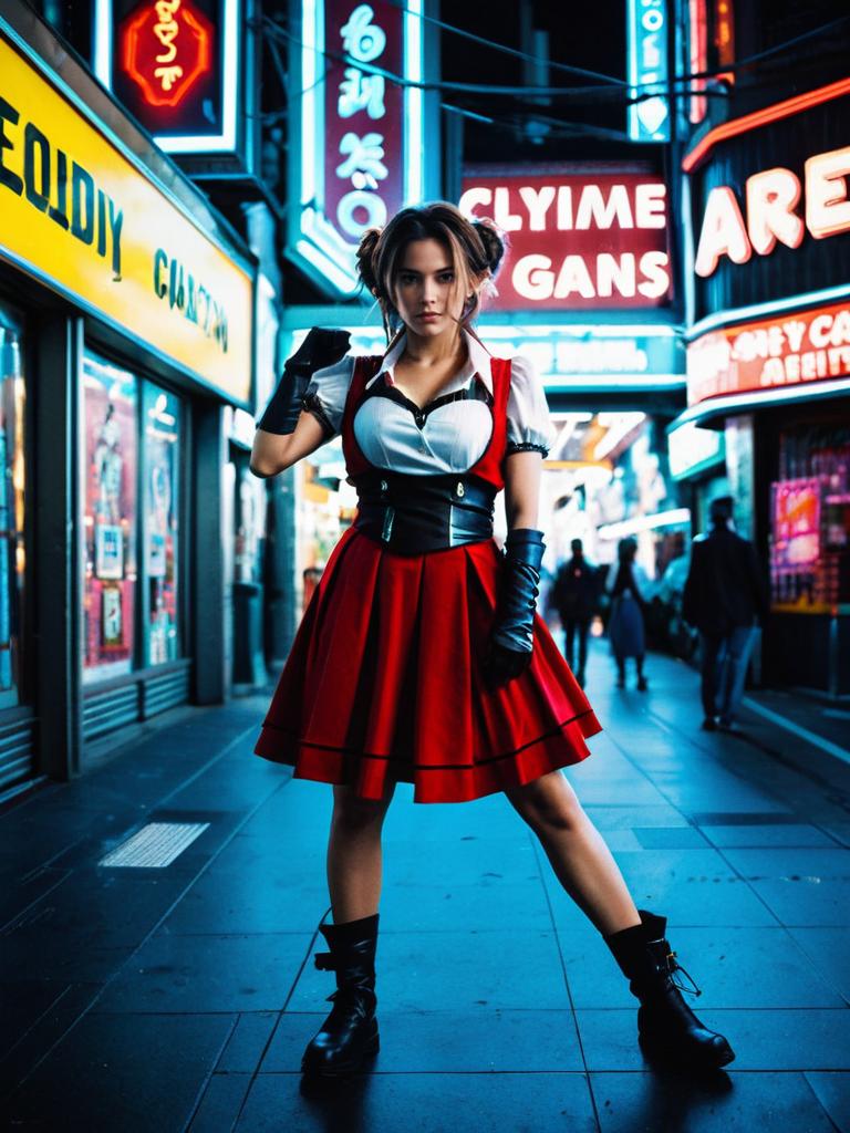 Woman in Aerith Cosplay Costume Posing Dynamically in Neon-Lit City Street