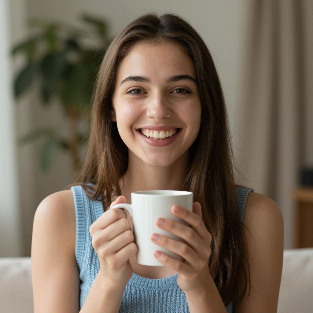 Happy Woman Enjoying Coffee Indoors in Light Blue Sweater