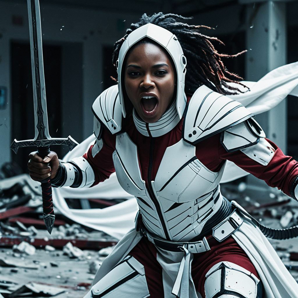 Fierce Black Woman in Futuristic Armor with Sword Fierce Black Woman in Futuristic Armor with Sword