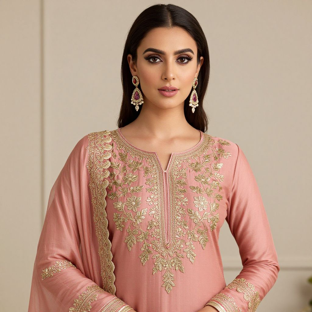 Elegant Pink Traditional Outfit with Gold Embroidery and Statement Earrings