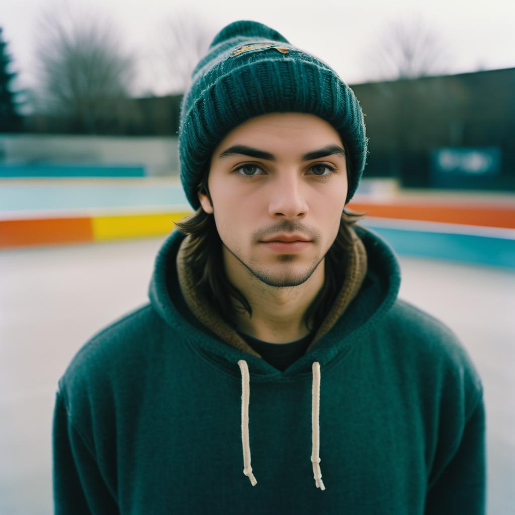 Young Man in Green Hoodie at Outdoor Skating Rink