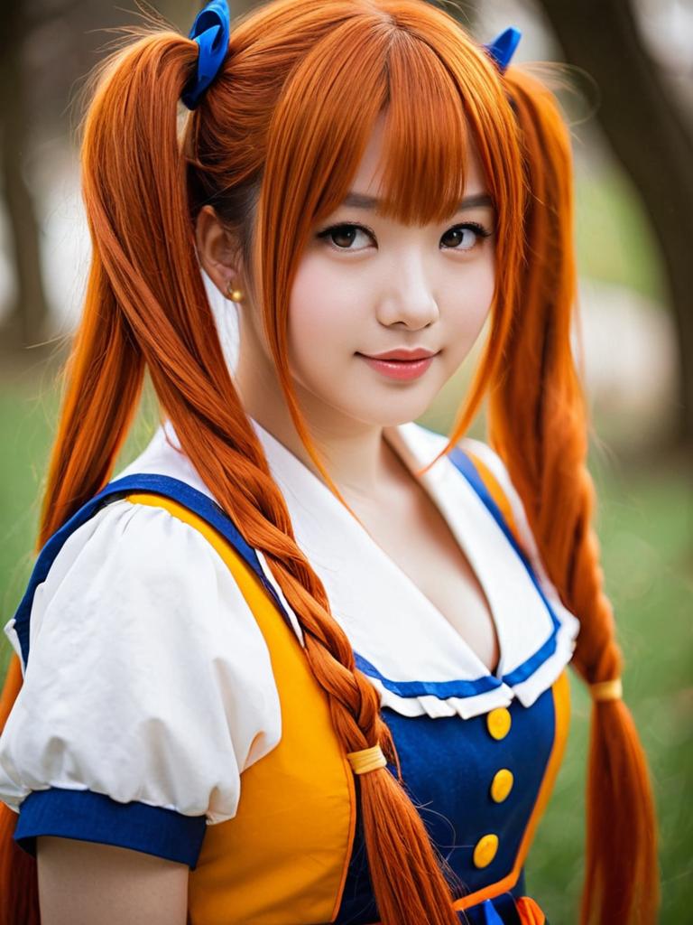 Anjou Naruko Cosplay Portrait with Orange Twin Tails and Sailor Dress