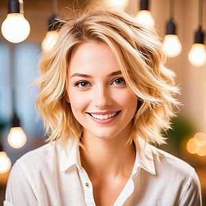 Cheerful young woman with blonde hair and radiant smile