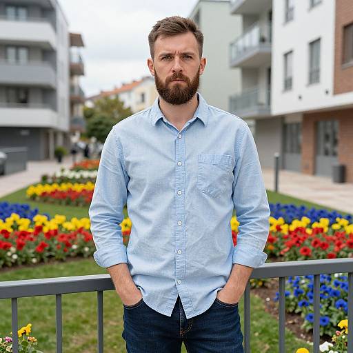 Serious Bearded Man in Casual Wear Standing in Urban Garden