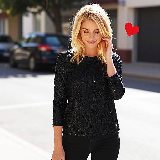 Blonde Woman Wearing Sparkly Black Top with Red Heart Outside