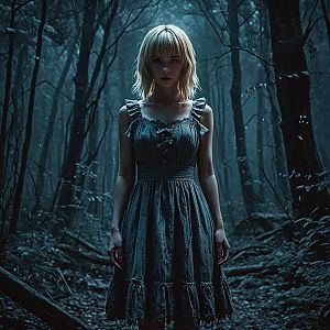 Blonde Woman in Vintage Dress in Dark Forest
