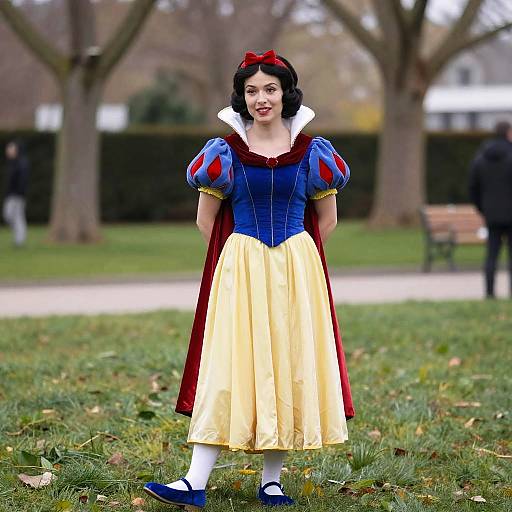 Woman Dressed as Snow White in Classic Costume Standing in Park
