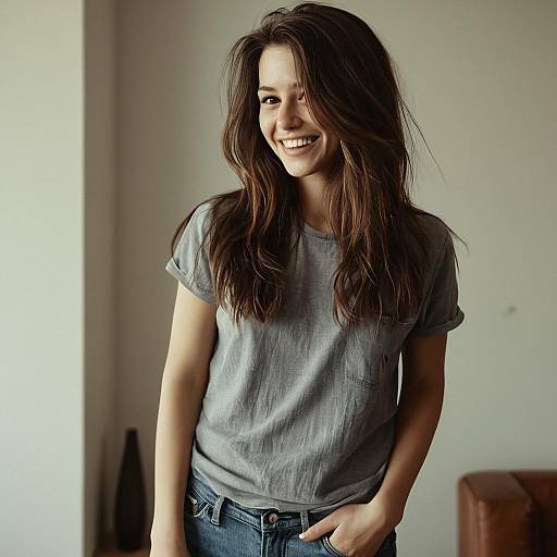 Smiling Young Woman in Casual Gray TShirt and Jeans Indoor Portrait