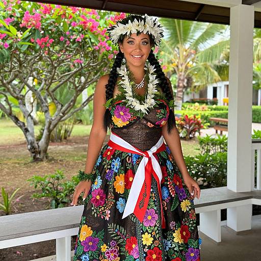 Woman in Traditional Floral Dress with Flower Crown Outdoors