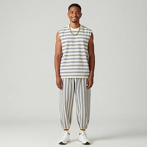 Gen Z Man Wearing Striped Sleeveless Top and Loose Pants Streetwear Outfit