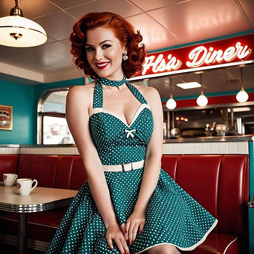 Retro 1950s Woman in Polka Dot Dress at Vintage Diner