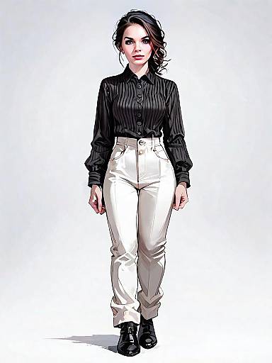 Realistic Comic Style Woman in Modern Black Shirt and White Pants Full Body Illustration