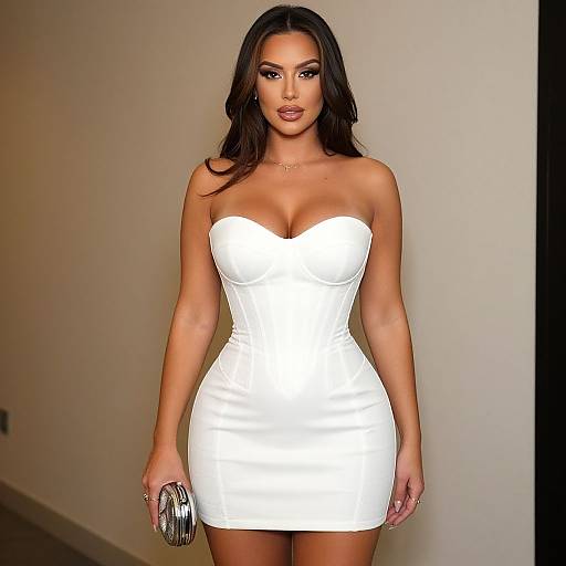 Woman Wearing Elegant Strapless White Mini Dress Holding Silver Clutch