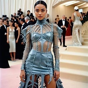 Confident Woman in Futuristic Metallic-Blue Dress at Elegant Event