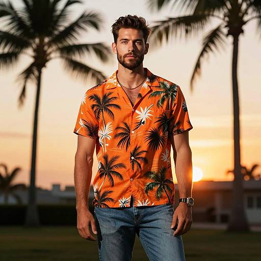 Young Man in Orange Hawaiian Shirt at Sunset with Palm Trees