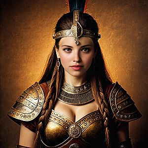 Ancient Warrior Woman in Golden Armor with Braided Hair