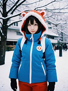 Winter Cosplay Outfit Inspired by Uraraka with Bear Hood in Snow