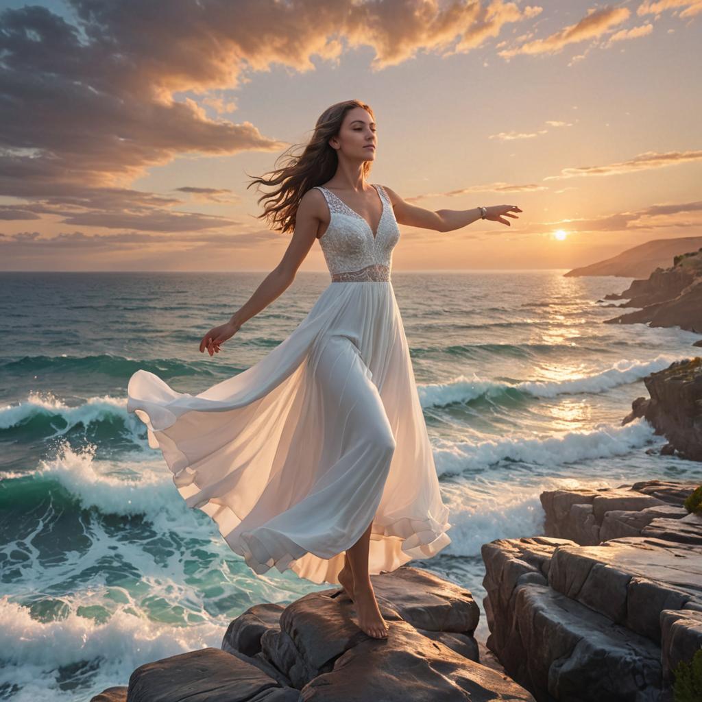 Woman in White Dress on Rocky Seaside at Sunset