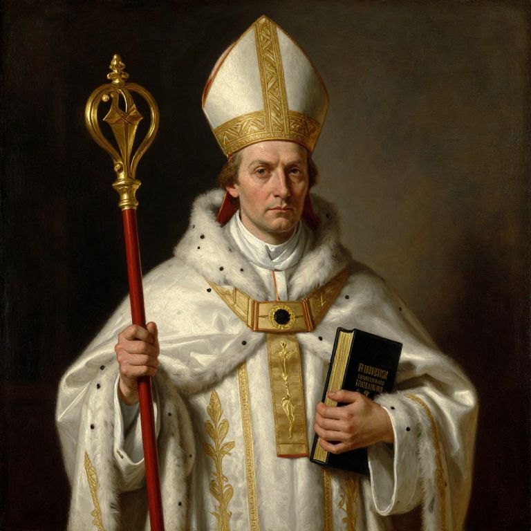 Realistic Oil Portrait of a Bishop in Ceremonial Robes Holding Staff and Book