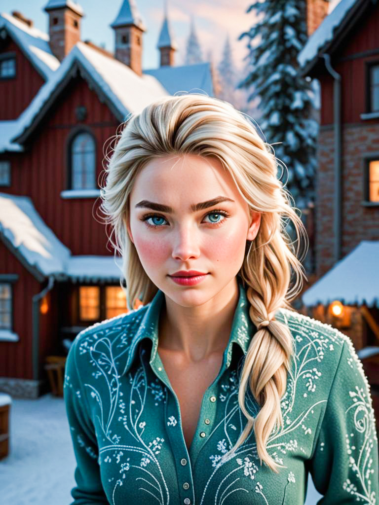 Enchanting Winter Scene with Disney Character-Like Woman