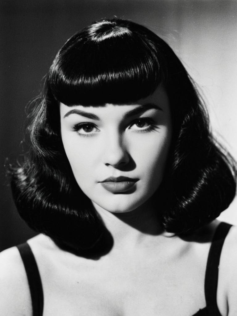 Vintage Glamour Woman with Bettie Page Bangs Hairstyle Black and White Portrait