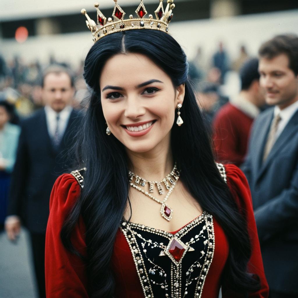 Woman in Ornate Red and Black Costume with Crown