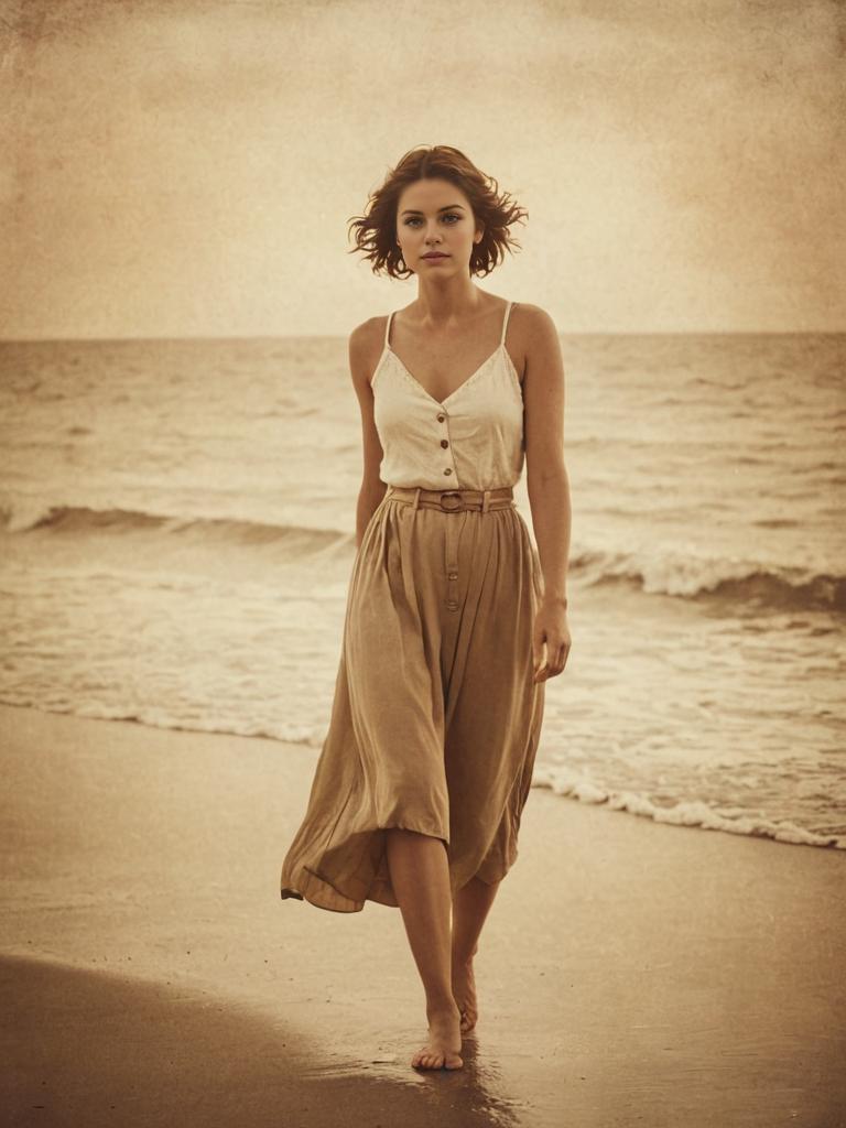 Vintage Woman Walking on Beach in Sepia